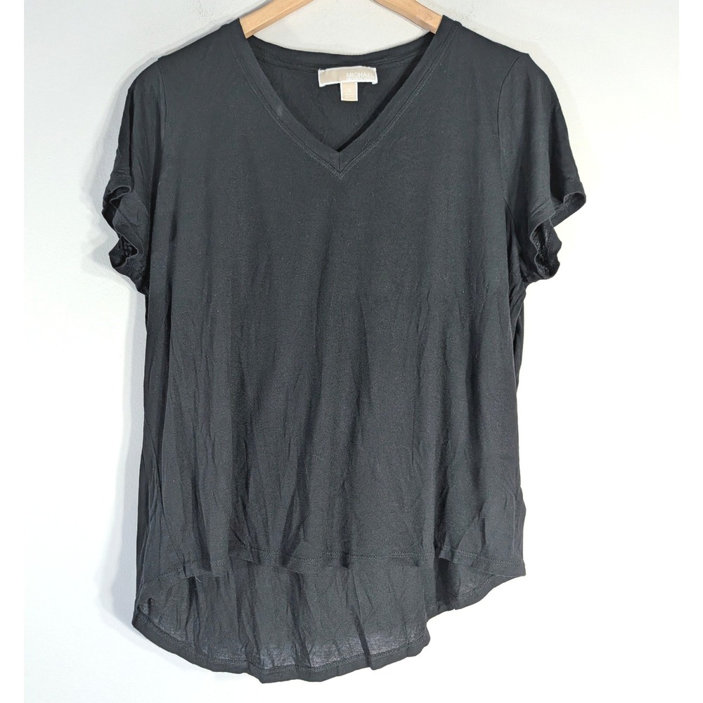 Michael Kors Black V-Neck T-Shirt; High-Low Hem Modal Tee Plus 1X